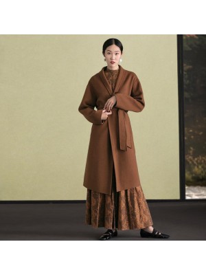 women brown woolen overcoat oversized stand collar winter coat tie waist jackets