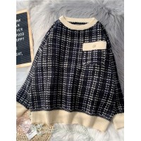 Vintage black plaid clothes For Women o neck patchwork oversize knitwear