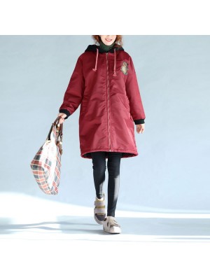 red thick warm zippered trench coats oversize prints long sleeve hooded winter outfits