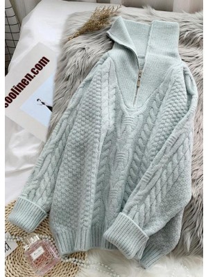 Comfy  light green knitted blouse trendy plus size high neck zippered knit tops