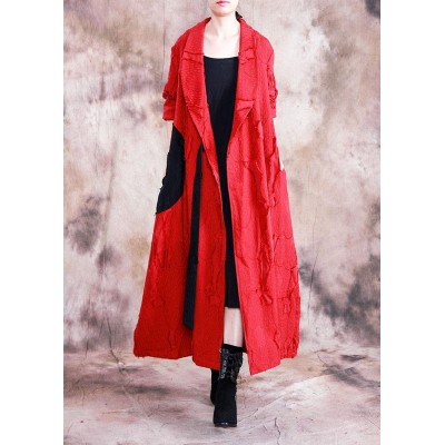 vintage trendy plus size long fall red turn-down collar tie waist coat