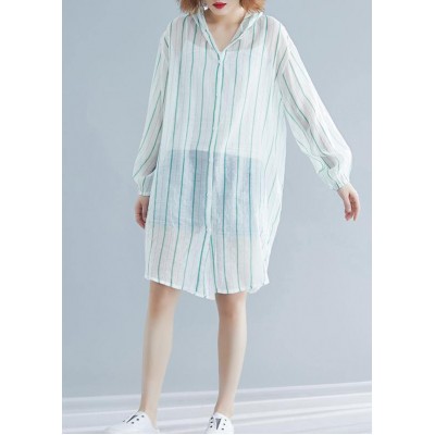 Style hooded chiffon Tunic Work green striped shirts summer