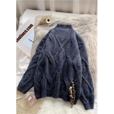 Vintage high neck thick Sweater dress Classy dark blue sweater dresses