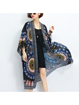 sundress new black prints chiffon cardigans plus size tassel half sleeve summer outwear